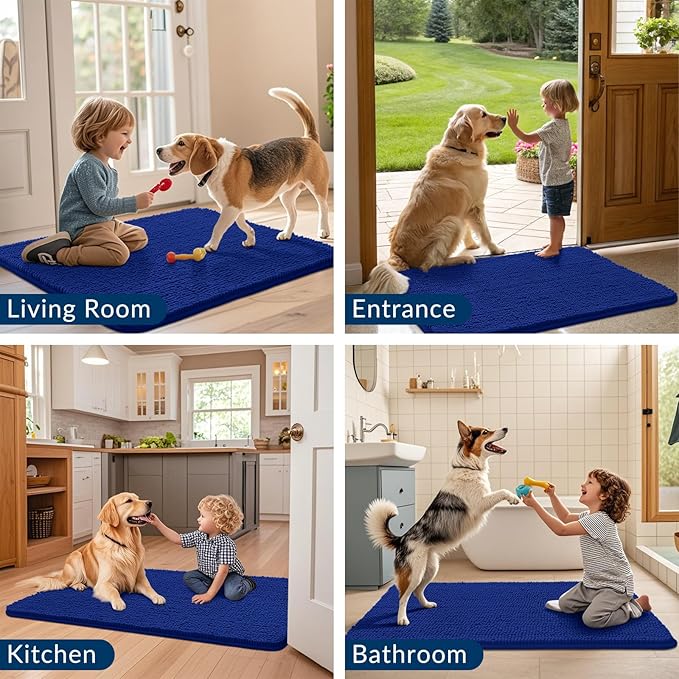 Smiry Dog Door Mat for Muddy Paws 30x20, Absorbs Moisture and Dirt Doormat, Non-Slip Washable Quick Dry Chenille Front Door Mat Indoor Entrance, Entryway Carpet for Inside Floor, Royal Blue