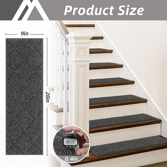 COSY HOMEER Edging Stair Treads Non-Slip Carpet Mat 28inX9in Indoor Stair Runners for Wooden Steps, Edging Stair Rugs for Kids and Dogs, 100% Polyester TPE Backing (15pc, Black)