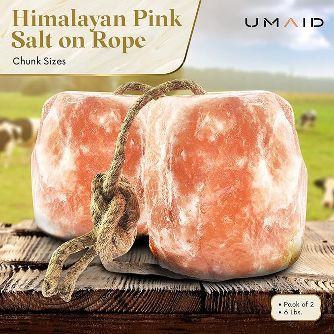 UMAID Himalayan Salt Lick 6 lbs On Rope for Horse, Deer, Goat, and Livestock Animals - Himalayan Salt Block 2 Pack