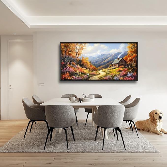 Framed Large Autumn Mountain Wall Art for Living Room, Oversized Wildflower Tree Wall Decor Nature Landscape Canvas Painting Modern Artwork Home Decoration for Living Room Bedroom 60"x30"