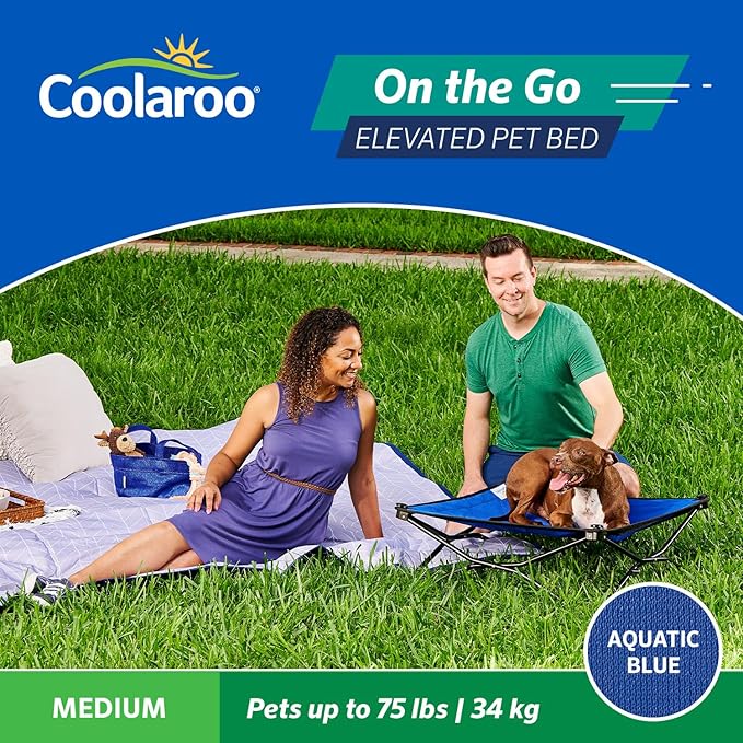 Coolaroo On-The-Go Elevated Dog Bed - Foldable Pop-Up Travel Dog Bed with Breathable, Moisture-Resistant Fabric, Carry Bag Included, Lightweight & Portable, Aquatic Blue, Medium