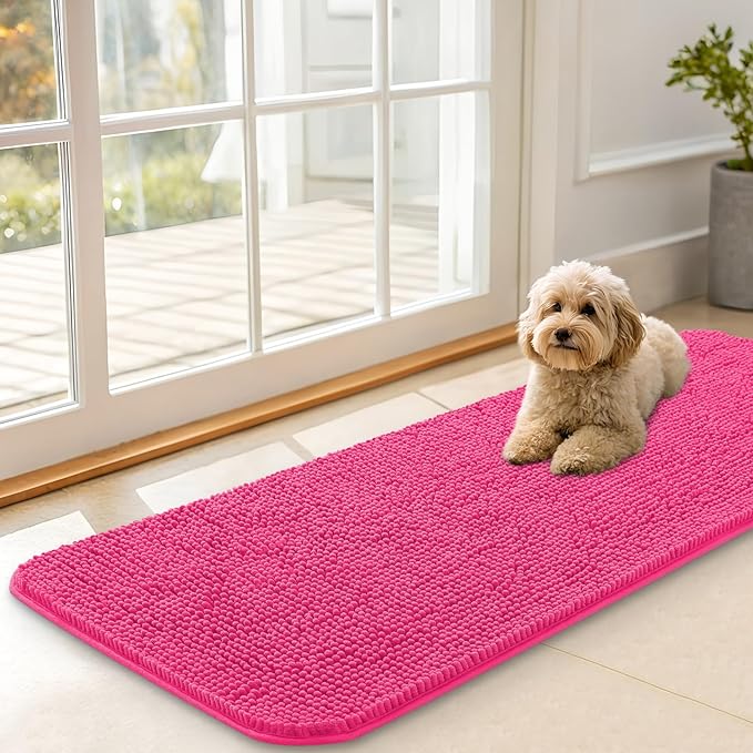 OLANLY Dog Door Mat for Muddy Paws 47x17, Absorbs Moisture and Dirt, Absorbent Non-Slip Washable Doormat, Quick Dry Chenille Mud Mat for Dogs, Entry Indoor Entryway Carpet for Inside Floor, Hot Pink
