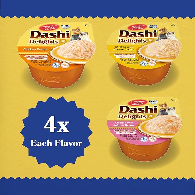 INABA Dashi Delights for Cats, Shredded Chicken with Bonito Flake Broth, 2.5 Ounce Cup, 12 Cups Total, Chicken Variety
