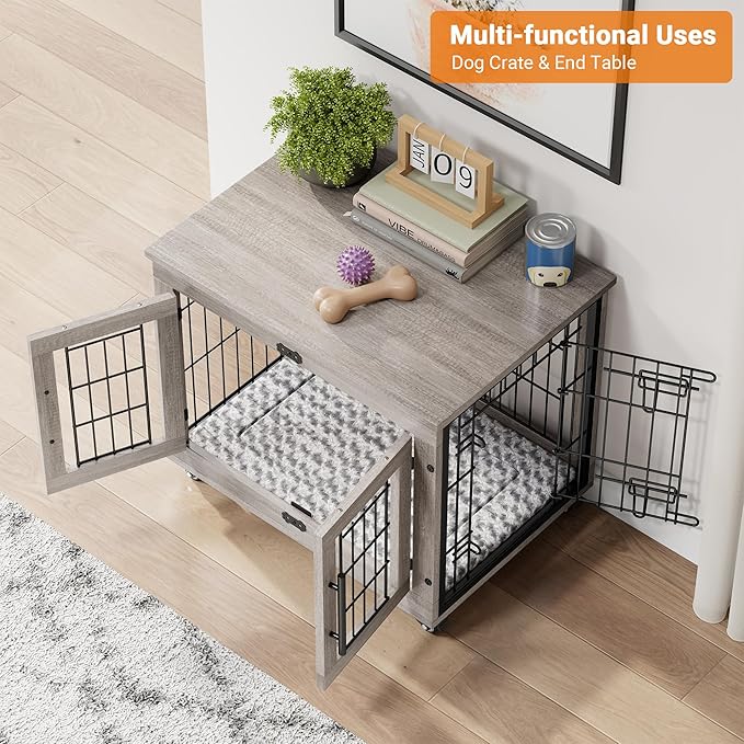 Lulive Small Dog Crate Furniture, Dog Kennel Indoor Double Doors Wooden Dog Cage, 27.1'' Heavy Duty Dog Crate with Cushion & Wheels, Decorative End Table Pet House Chew-Resistant for Small Dogs, Grey