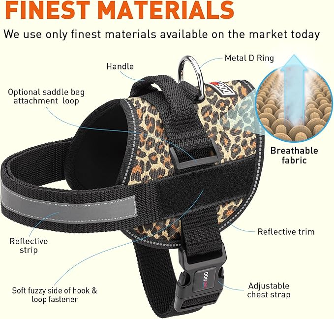 Dogline Dog Harness, Reflective No-Pull Adjustable Vest with Handle for Walking, Training, Breathable, No - Choke Harness for Small, Medium or Large Dogs Room for Patches Leopard Brown S 18"-24"