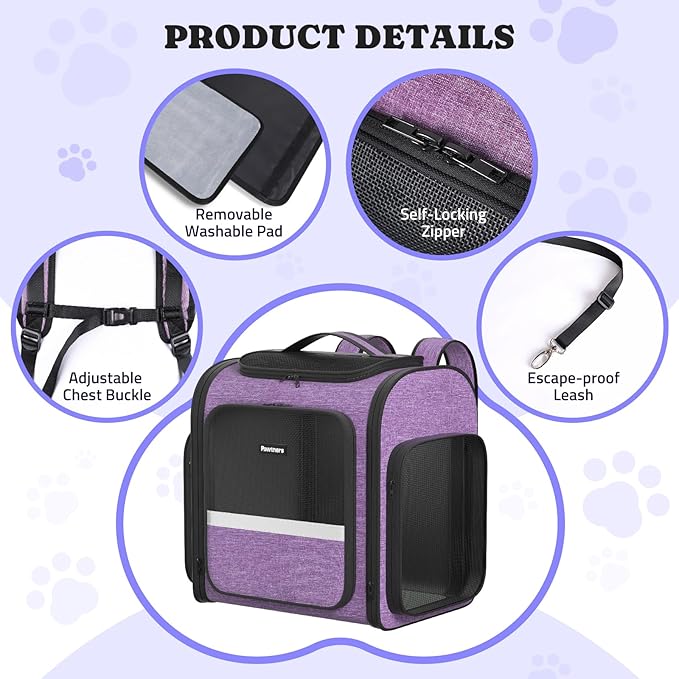 Pawtners Dog Carrier Backpacks Large Cat Backpack with Anti-Scratch Mesh, Foldable Designed Pet Backpack Carrier for Kitten Small Dogs & Large Cats Up to 18 Lbs, Dog Carrier for Travel Outdoor