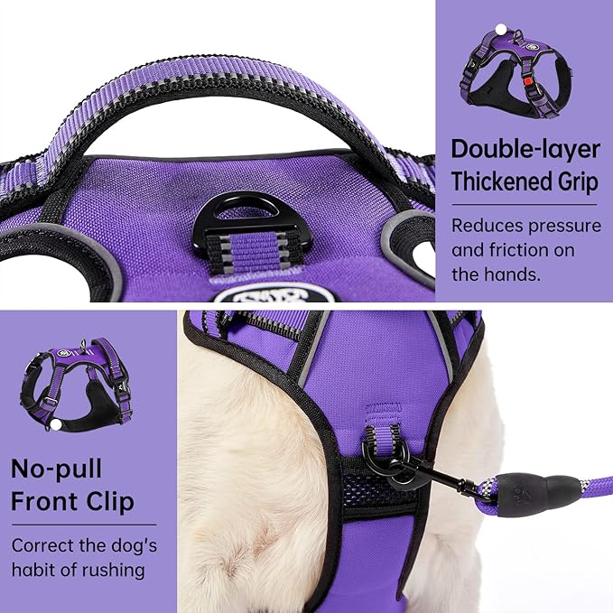IVY&LANE No Pull Dog Harness for Large Dogs, Dog Vest Harness with Leash, Safety Belt and Storage Strap, Fully Adjustable Harness, 360° Reflective Strip, Soft Handle (Purple, XL)