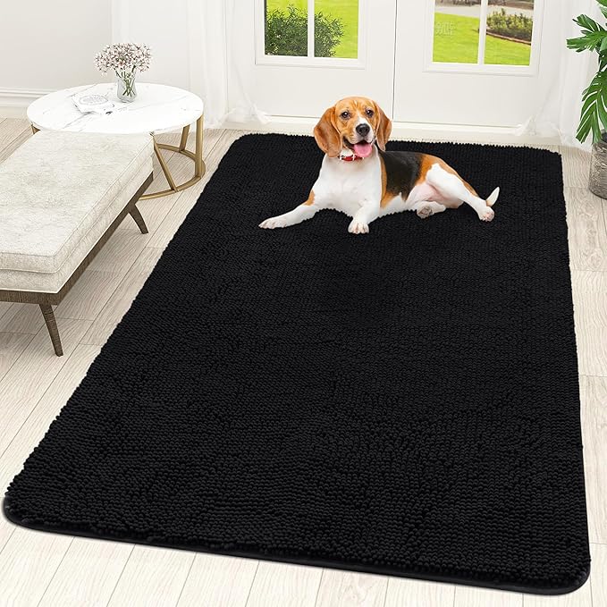 OLANLY Dog Door Mat for Muddy Paws 59x35, Absorbs Moisture and Dirt, Absorbent Non-Slip Washable Doormat, Quick Dry Chenille Mud Mat for Dogs, Entry Indoor Entryway Carpet for Inside Floor, Black