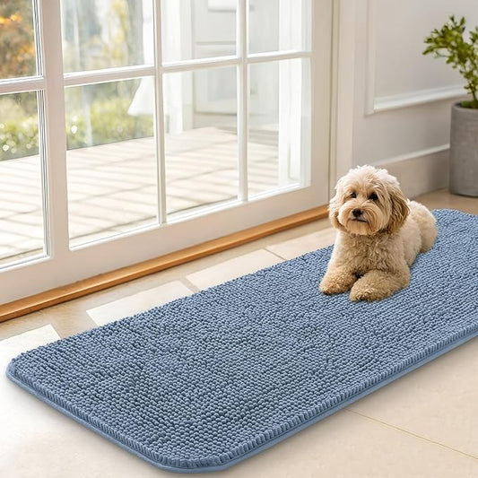 OLANLY Dog Door Mat for Muddy Paws 47x17, Absorbs Moisture and Dirt, Absorbent Non-Slip Washable Doormat, Quick Dry Chenille Mud Mat for Dogs, Entry Indoor Entryway Carpet for Inside Floor, Airy Blue
