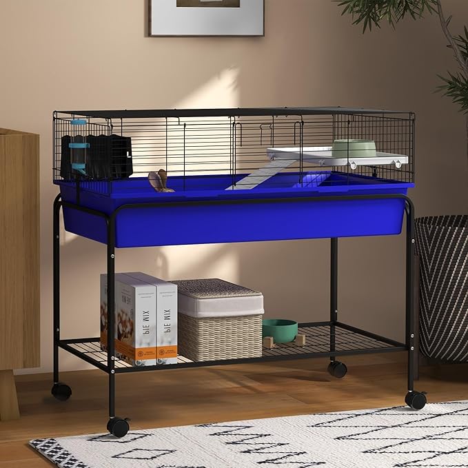 PawHut Two-Story Small Animal Cage Removable from Stand, Guinea Pig Cage with Shelf & Wheels, Pet Habitat for Hedgehog, Chinchilla, Ferret, 39" x 20.5" x 36.5", Blue