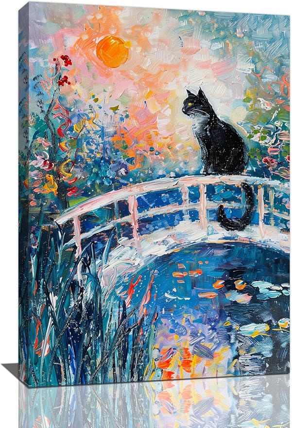 Quorin Black Cat Wall Art Water Lily Sunset Pictures Cat Wall Decor Impressionism Canvas Print Painting Artwork for Bathroom Living Room Bedroom 16"x24"