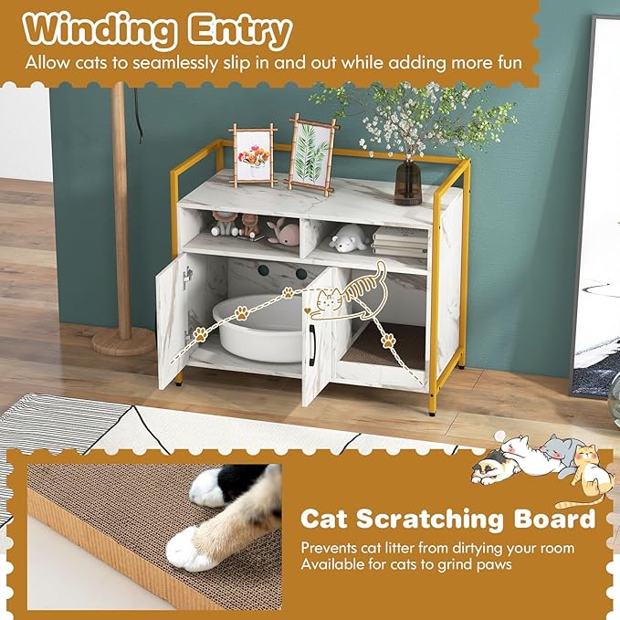 Tangkula Litter Box Enclosure, Modern Cat Litter Box Furniture with Metal Frame, Scratching Board, Storage Compartment, Hidden Cat Washroom (Marble White)