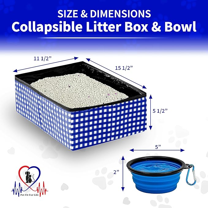 Pet Fit For Life - Vibrant Collapsible Travel Cat Litter Box - Portable, Foldable, Compact Design with Bonus Water Bowl - Ideal for Car & Camping - Reusable, Cats Safe - Blue, (16"x12"x5")