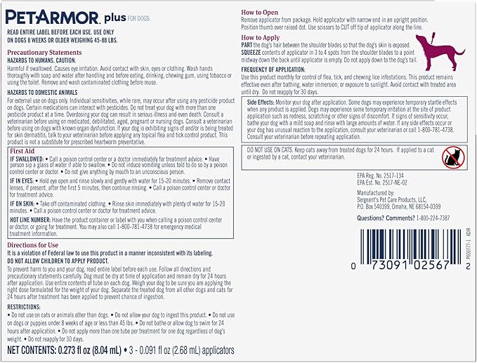 PetArmor Plus Flea and Tick Prevention for Dogs, Dog Flea and Tick Treatment, 3 Doses, Waterproof Topical, Fast Acting, Large Dogs (45-88 lbs)