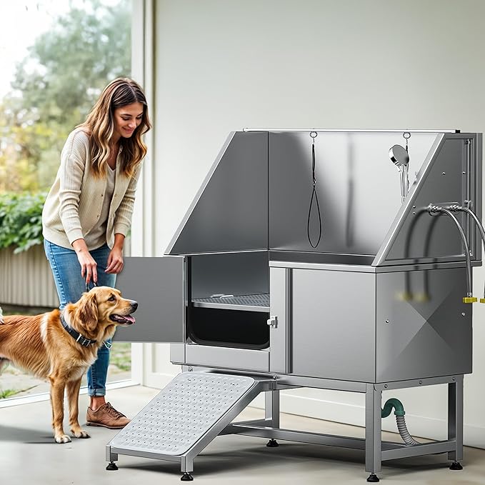 DWVO Professional Pet Dog Bathing Station for Grooming, 50'' Dog Grooming Bathtub with Left Ramp, Floor Grate, Faucet, Showerhead & Soap Holder for Large, Medium & Small Pets