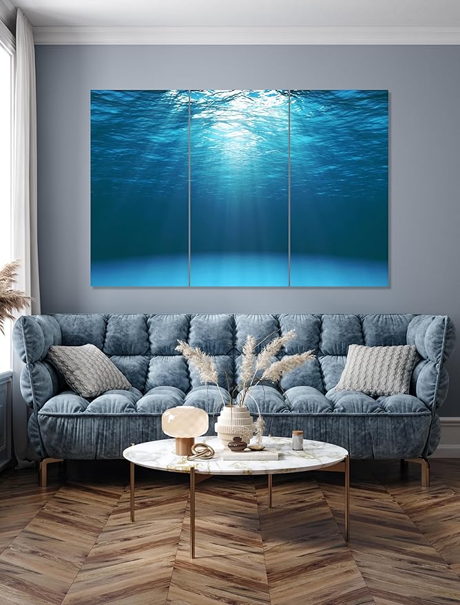 Nature Wall Art Prints - Ocean Forest Mountain Lake Canvas Landscapes - Small to Extra Large Living Room Bedroom Kitchen Bathroom Décor (Sun Rays Under Water, 35L" x 53W" - 3 Panels)