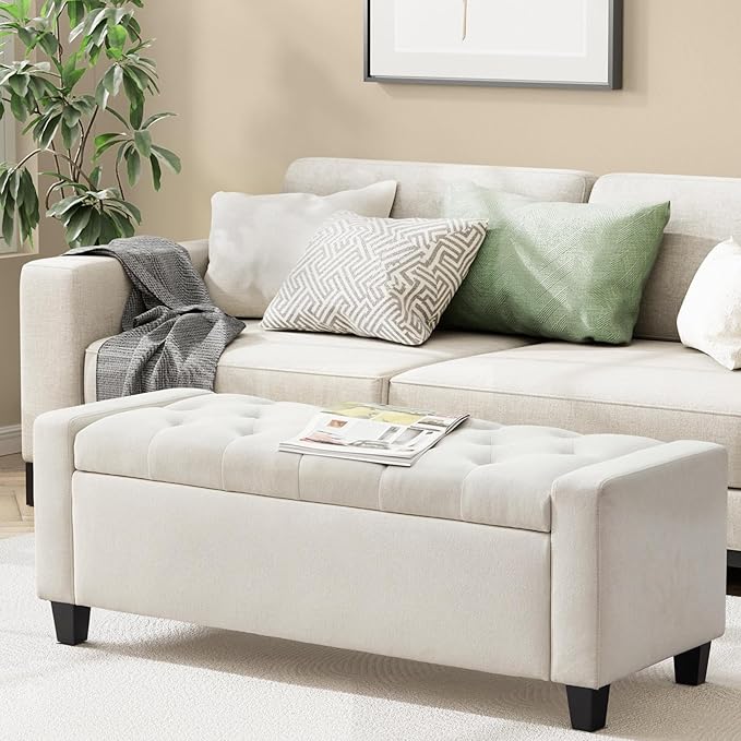 Ottoman with Storage, 48.8" Fabric Storage Ottoman Bench with Hinge, Bedroom Bench, Upholstered Benches with Seating for Living Room, Entryway (Beige)