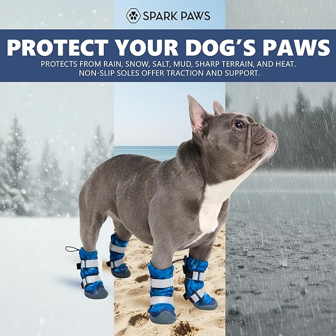 Spark Paws Dog Shoes, Waterproof Dog Boots for Medium to Large Dogs, Non Slip, Breathable Dog Booties and Paw Protectors - 4PCS Doggie Hiking Boots with Reflective Straps, Blue Camo, Size 7