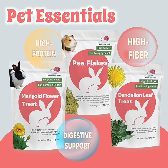 Snout and Shell Small Animal Treats – Pea Flakes, Dandelion Leaf (1oz), Marigold Flowers (0.5oz) – Natural Foraging Snacks for Rabbits, Guinea Pigs, Chinchillas, Hamsters & More