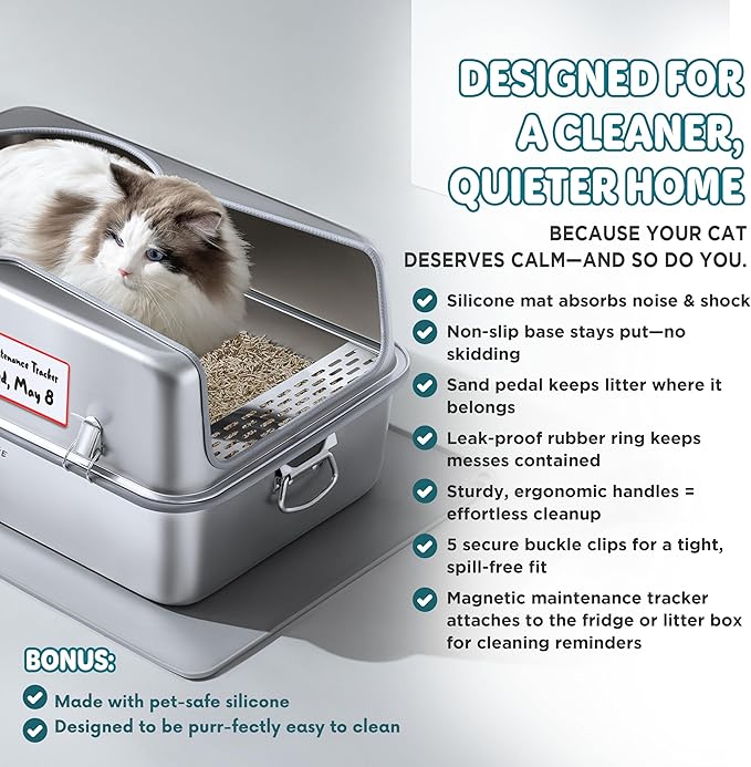 XL Metal Cat Litter Box with Lid – Non-Stick, Odor Control, Stainless Steel, Rust-Resistant, High-Sided – Easy to Clean with Handles, No-Slip Base, Leak-Proof Seal, 5 Clips, Cleaning Tracker
