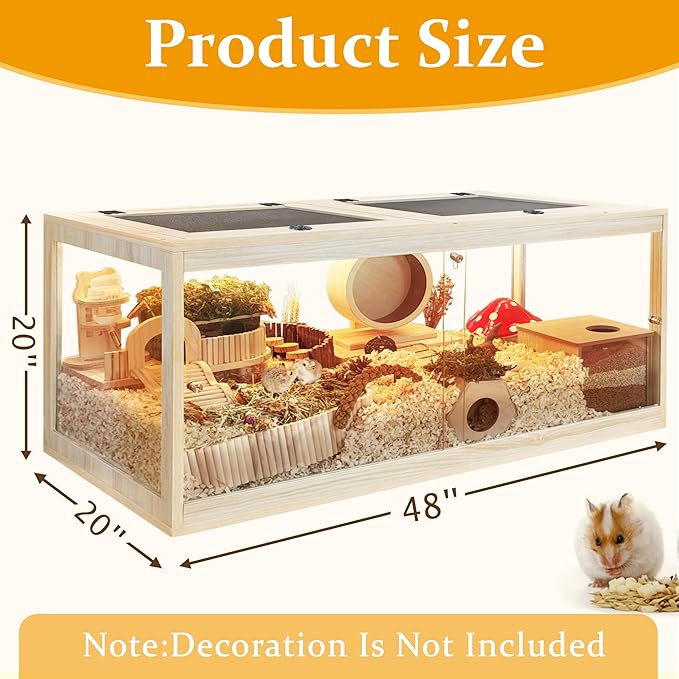 Prolee Hamster Cage with Lock Design,Large Hamster Enclosure with Openable Metal Mesh Top,Wooden Chewproof Gerbil Cage for Hedgehog Mouse Gerbil (48"x20"x20")