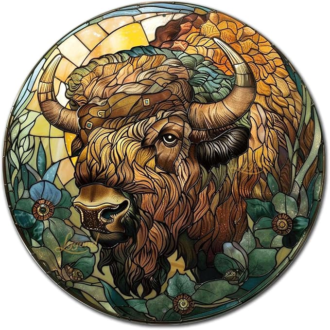 Lygond Metal Sign Tin Sign Circular Stained Glass American Bison Greenhouse Decor for Restaurant 8×8 Inches