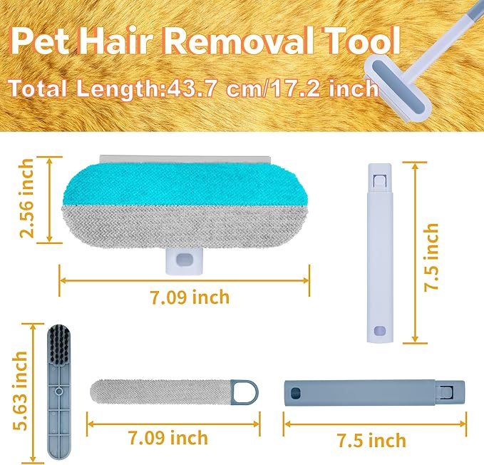 Pet Hair Removal Tool, 4 in 1 Reusable Washable Lint Brush for Cat and Dog Hair Remover, Gentle on Furniture with Extra Long Handle for Couch, Carpet, Clothing, Bedding, Car, Window