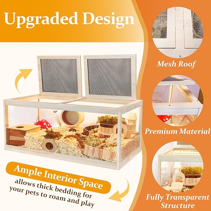 Prolee Hamster Cage with Lock Design,Large Hamster Enclosure with Openable Metal Mesh Top,Wooden Chewproof Gerbil Cage for Hedgehog Mouse Gerbil (48"x20"x20")