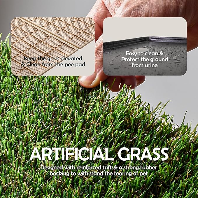 MEEXPAWS Dog Grass Pee Pads for Dogs with Tray | Large 34×23 in | 2× Dog Artificial Grass Pads Replacement| Rapid Drainage | Indoor Litter Box | Hemmed Edge