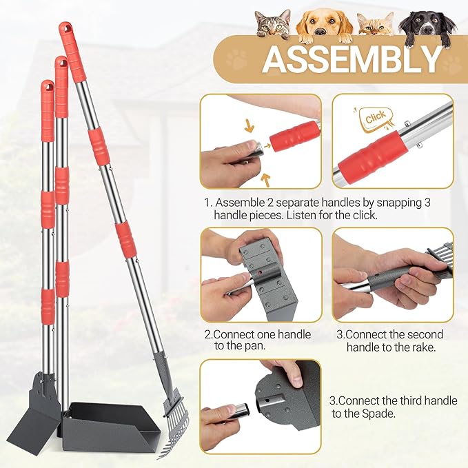 Heeyoo Dog Pooper Scooper, Dog Poop Tray and Rake Set, Pet Waste Removal Scoop with Long Adjustable Sectional Stainless Handles