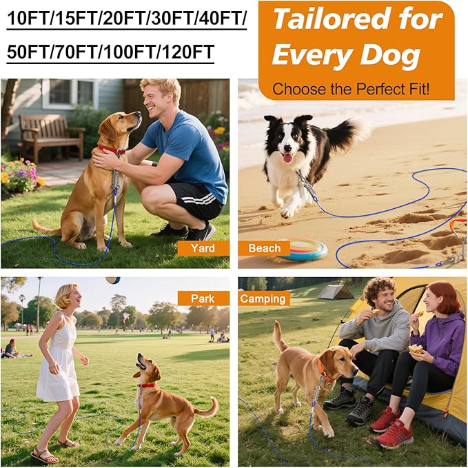 Tresbro 120FT Dog Tie Out Cable with Spring, Shock Absorbing Tether Chains for Outside Aavilable in 10/15/20/25/30/40/50/70/100/120 FT, Heavy Duty Leads for Yard for Medium & Large Dogs Up to 500 LBS