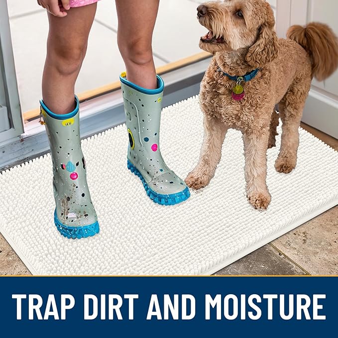Smiry Dog Door Mat for Muddy Paws 24x16, Absorbs Moisture and Dirt Doormat, Non-Slip Washable Quick Dry Chenille Front Door Mat Indoor Entrance, Entryway Carpet for Inside Floor, Ivory