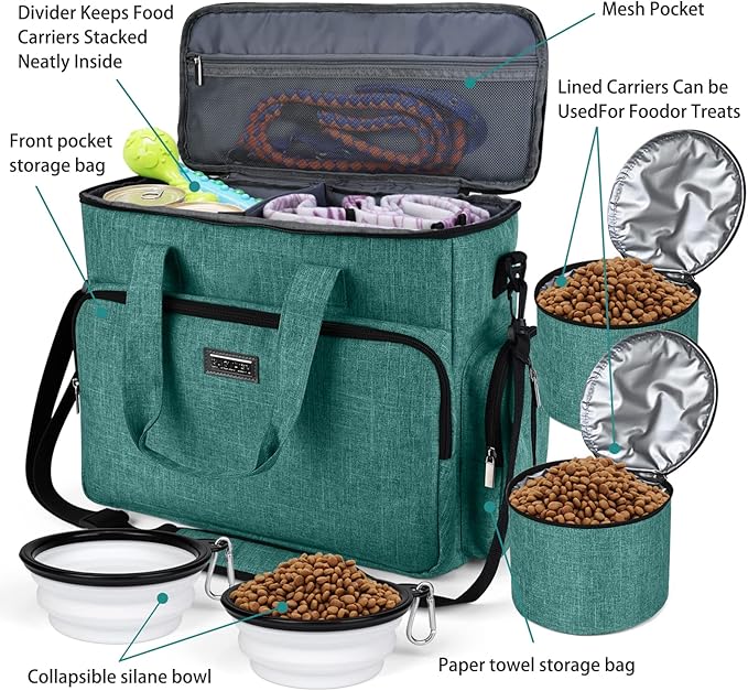 BAGLHER Dog Travel Bag, Airline Approved Pet Tote Organizer with Multi-Function Pockets, 2 X Food Storage Containers and 2 X Collapsible Dog Bowls, Perfect Weekend Pet Travel Set for Dog, Cat Green