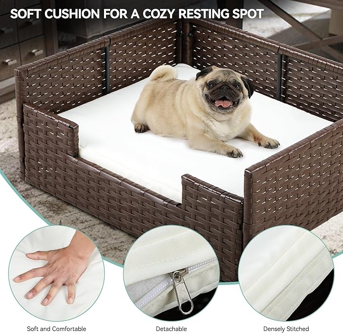 YITAHOME Rattan Dog Sofa Bed with Cushion,Wicker Pet Bed Sofa Couch Indoor Outdoor Water Unaffected for Large Medium Small Dogs Cats (24.8''L*19.7''W*9.8'',Beige)