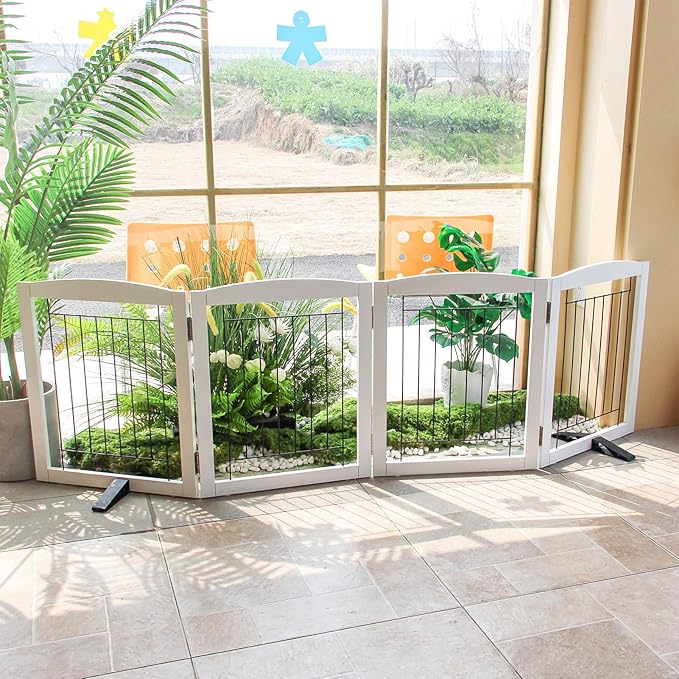 ZJSF Freestanding Dog Fence Indoor, Foldable Dog Gate for Doorways, Stairs or Hallways, Sturdy Wood Extra Wide Pet Gate with Support Feet for The House, White, 24 "Height-4 Panels
