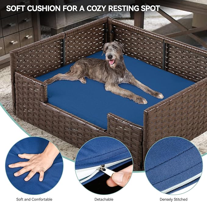 YITAHOME Rattan Dog Sofa Bed with Cushion,Wicker Pet Bed Sofa Couch Indoor Outdoor Water Resistant for Large Medium Small Dogs Cats (34.6''L*23.6''W*11.8'',Blue)