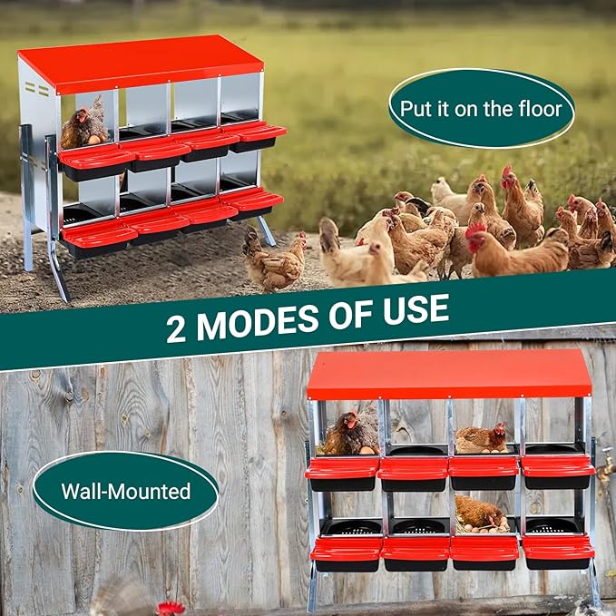 Nesting Boxes for Chickens, Chickens Laying Boxes for Chicken Coop with Legs, 8 Compartments Chicken Nesting Boxes, with Removable Tray, Easy Cleaning, for Hens Outdoor Chicken Coop Farm Yard, Red
