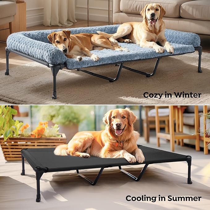 Veehoo Cooling Elevated Dog Bed Add Removable Deluxe Rose Plush Bolster Cushion Mat, 59" x 37" Washable Dog Couch Bed, Raised Pet Cot with Breathable Teslin Mesh, No-Slip Feet, Haze Blue, CWC2439B