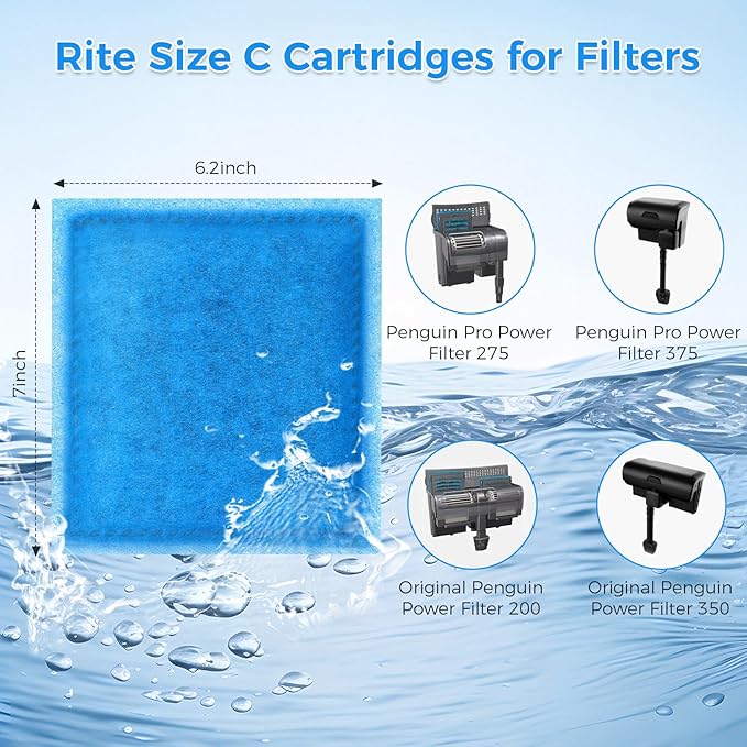 Qwakay Aquarium Filter Replacement Cartridge - 10 Pack Rite Size C Fish Tank Cartridges Compatiable with Marineland Penguin PRO Power Filters 275/375 & Original Penguin Power Filters 200/350