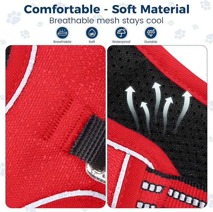 Funfox Dog Harness No Pull, Adjustable Pet Vest Harness, Super Soft Material with Vertical Handle Easy Control, Reflective Night Walking, 2 Leash Clips for XLarge Dogs, Red, XL