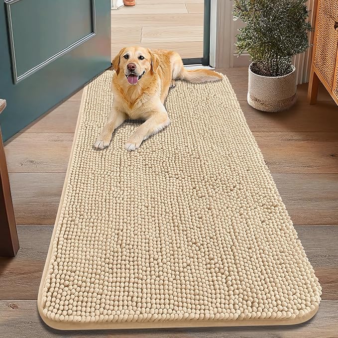 Smiry Dog Door Mat for Muddy Paws 48x30, Absorbs Moisture and Dirt Doormat, Non-Slip Washable Quick Dry Chenille Front Door Mat Indoor Entrance, Entryway Carpet for Inside Floor, Beige