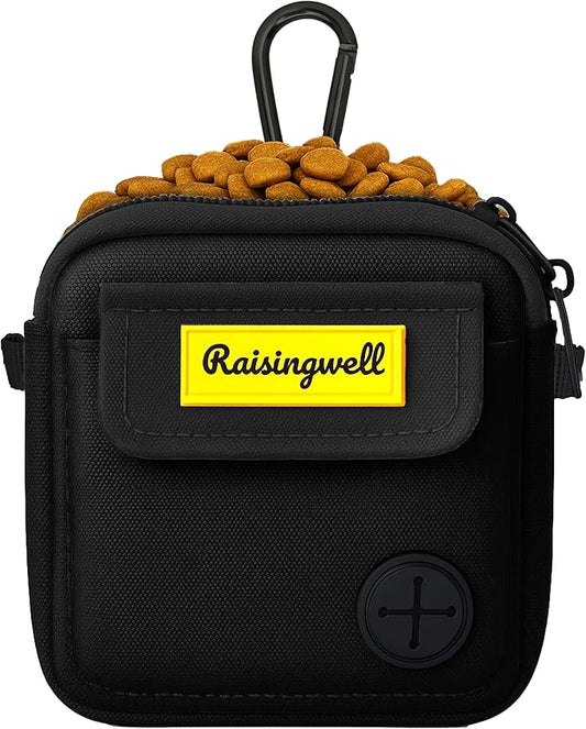 Dog Treat Pouch for Pet Walking and Training with Clicker, Poop Bags, and Three Bags Design Small Fanny Zipper Pack Holder for Puppy Snack Dispenser Kit for Leash and Outdoor Use (Black)