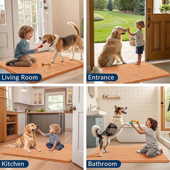 Smiry Dog Door Mat for Muddy Paws 36x24, Absorbs Moisture and Dirt Doormat, Non-Slip Washable Quick Dry Chenille Front Door Mat Indoor Entrance, Entryway Carpet for Inside Floor, Orange