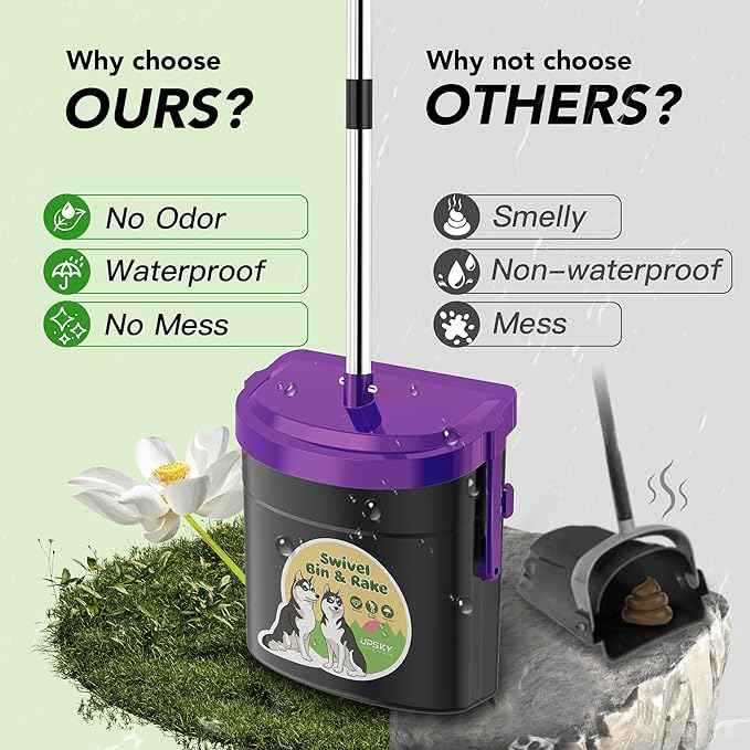 UPSKY Dog Pooper Scooper Swivel Bin & Rake Kit with 100 Waste Bags,33.4" Stainless Steel Long Handle Heavy Duty Pet Poop Shovel for Large Medium Small Dogs, Odor-Proof Lid for Yard/Lawn/Outdoor Use