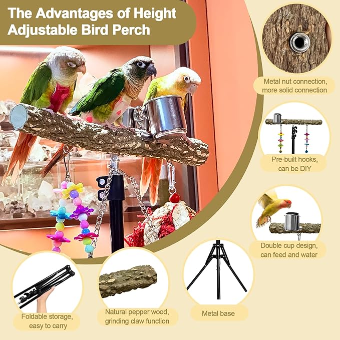16-63 Inch Height Adjustable Bird Perch Pepper Wood Parrot Training Perch Stand with Feeding Cups and Swing Toy Parakeet Perches Indoor and Outdoor Parrot Stands for Small to Medium Bird