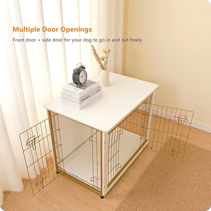 DWANTON Dog Crate Furniture with Cushion, Wooden Kennel Table with Double Doors, Indoor Dog House, Medium Size, 32.5" L, White