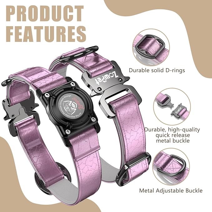 AirTag Dog Collar - Leather Dog Collar with Airtag Holder | IP68 Waterproof AirTag Holder with Metal Buckle, Comfortable GPS Dog Collars Tracker for Medium Large Dogs (Rose Gold, L)