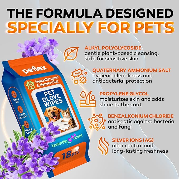 New 2025 Pet Cleaning Glove Wipes for Dogs and Cats – Hypoallergenic Hydrating & Nourishing – Suitable for Eyes, Ears, Paws & Body – Lavender Scent – Ideal for Daily Care & Travel – 18 Count