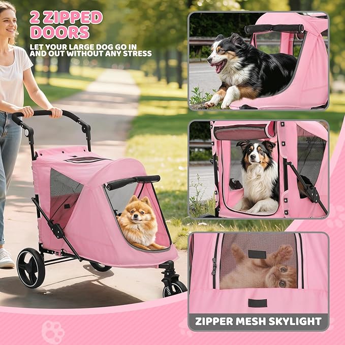 Magshion Pet Stroller for Medium Dogs w/Adjustable Handle, 3-Wheel Dog Cat Wagon w/Dual Entry, Rear Storage, Breathable Mesh, One-Foot Brake, Ideal for Large Pets up to 55 lbs, Pink