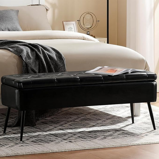 Leather Storage Ottoman Bench,End of Bed Bench for Living Room Bedroom Dinning Room Entryway,Mid-Century Modern,Faux Leather,with Steel Legs,Safety Hinges, Loads 660 lb (with Button, Black)